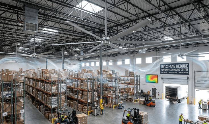 HVLS fans installed in a large industrial warehouse for energy-efficient cooling